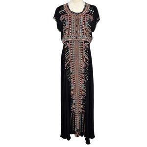 Johnny Was Black Maxi Dress with Pink and Teal Folk Embroidery